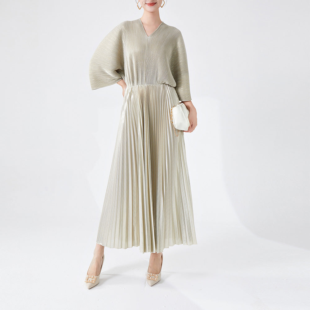 Robe à col en V pour femme - Robe tendance plissée en bronzage