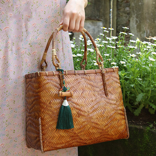 Female Minority Bamboo Woven Bag Travel Handbag