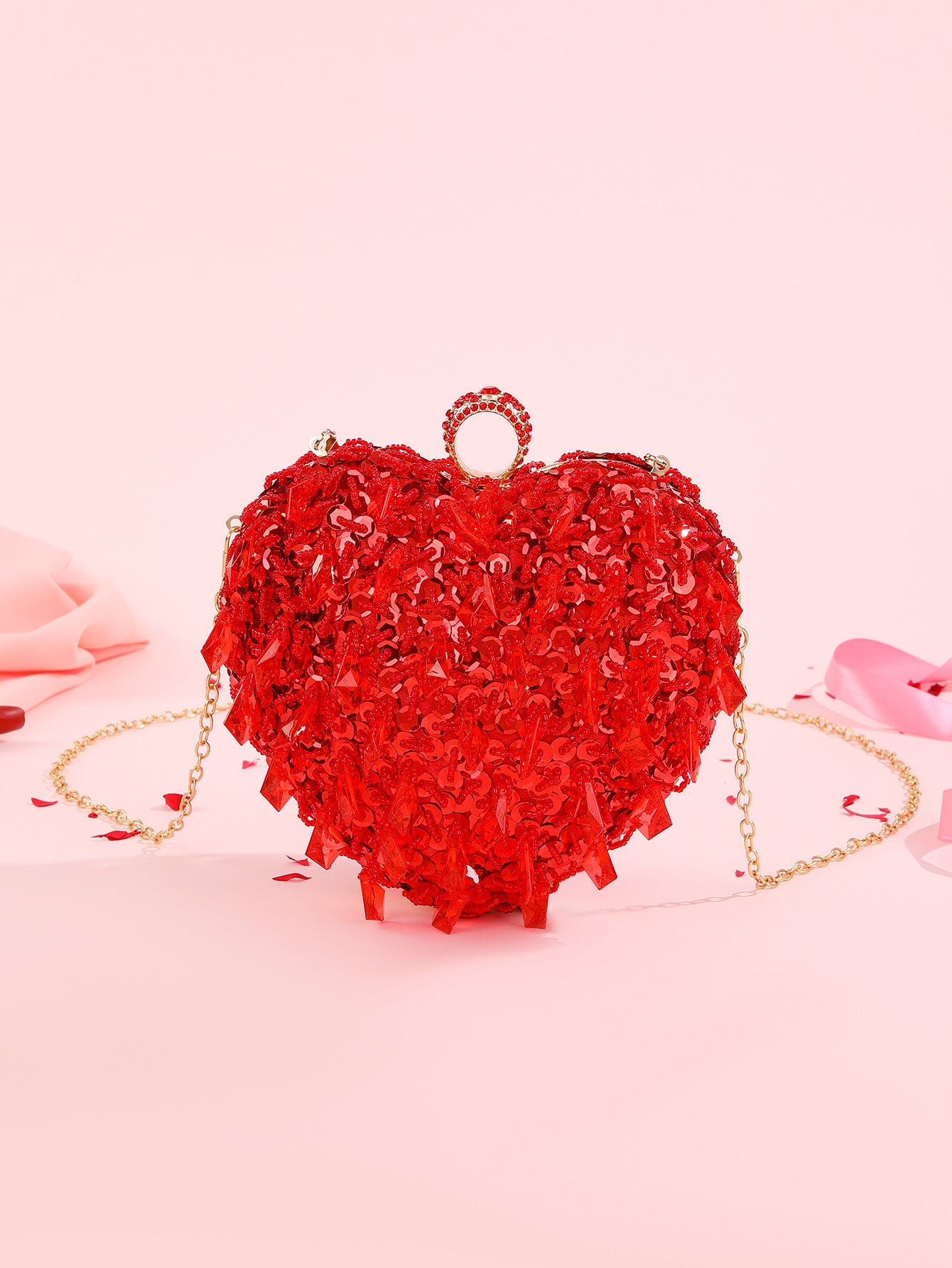 Embroidered Beaded Heart-shaped Dinner Bag