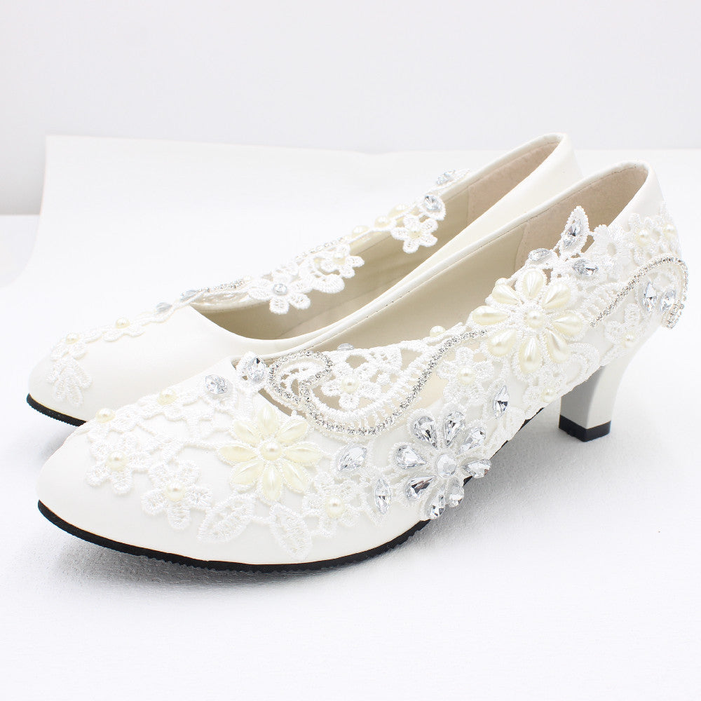 White High-heeled Wedding Shoes Lace Rhinestone Bridal