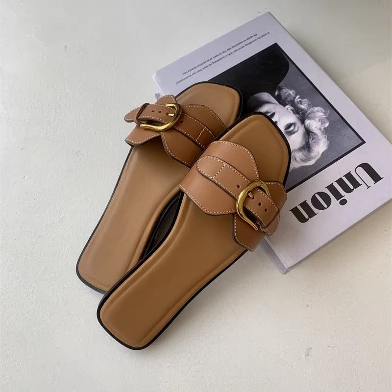 French Flat Slippers Women's Summer Wear Retro Buckle Sandals Lazy Casual Vacation Beach Shoes