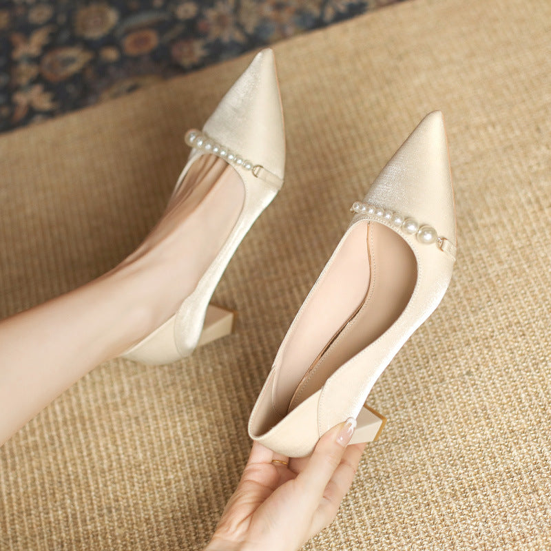 Women's Fashion Casual Pearl Pointed High Heels