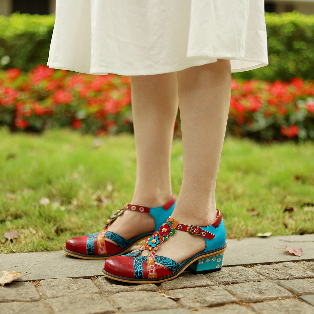 Retro Contrast Color Striped Velcro Chunky Heel Round-toe Sandles