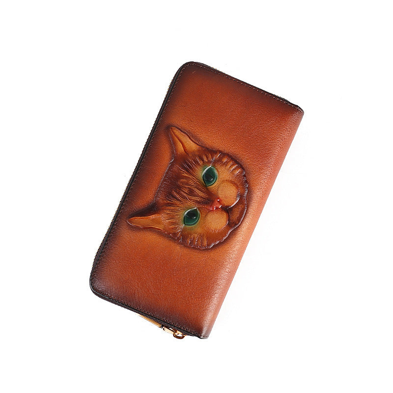 Genuine Leather Coin Purse Cat Embossed Multi-card-slot Card Holder Design Sense