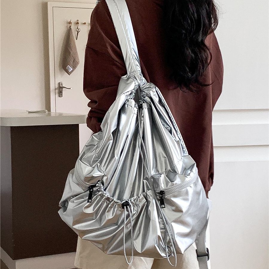 Women's Silver Lightweight Drawstring Ruffle Travel Backpack