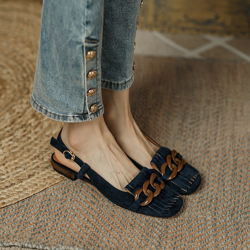 Women's Tassel Buckle Sandals Retro Square Toe