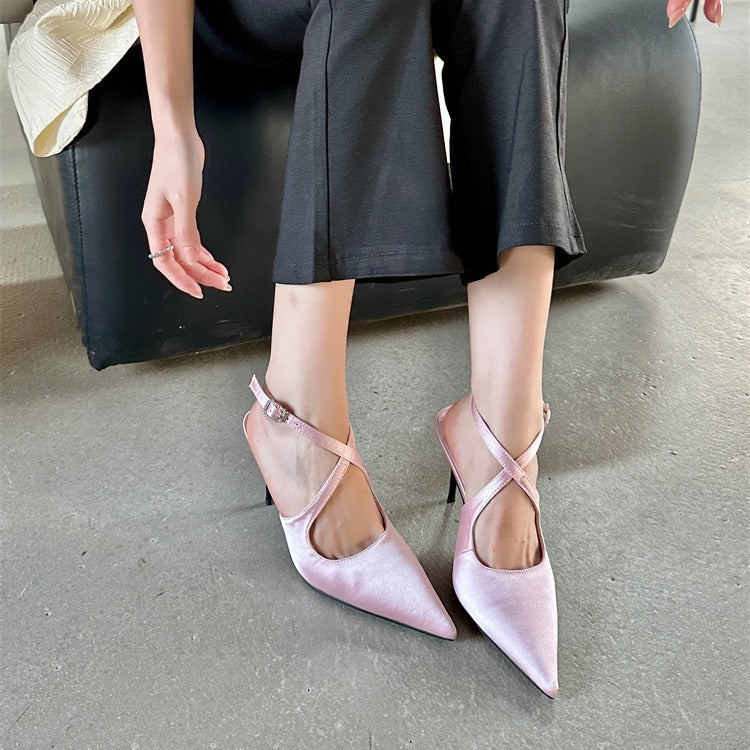 Elegant Pointed Toe Spring And Summer Light Satin Sandals Cross Strap Kitten Women's High Heels