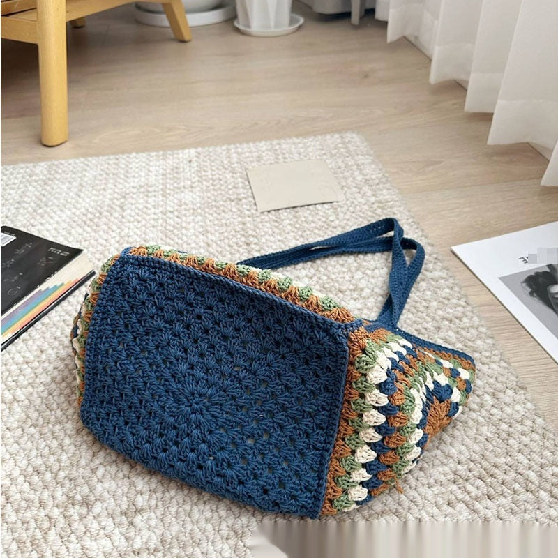 Grandma Grid Straw Bag Photo Storage