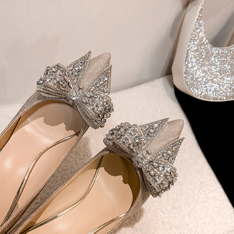 Tacones altos con lazo y diamantes de imitación para mujer