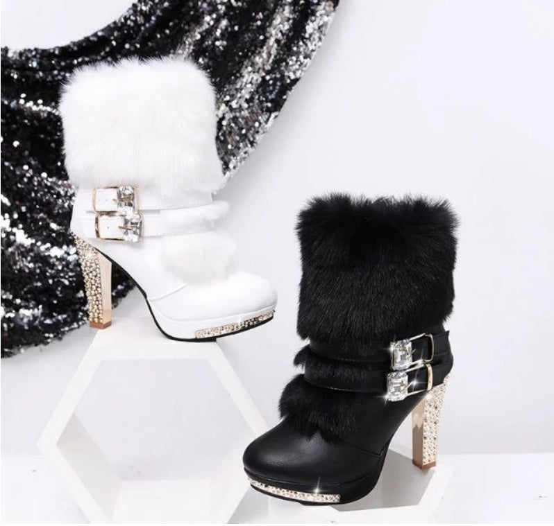 Chunky Heel High Heel Mid-calf Leather And Fur Integrated Rhinestone Women's Boots