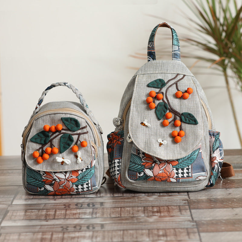 Canvas Lightweight Casual Backpack With Three-dimensional Hand Woven Persimmon Ruyi Lightweight Backpack