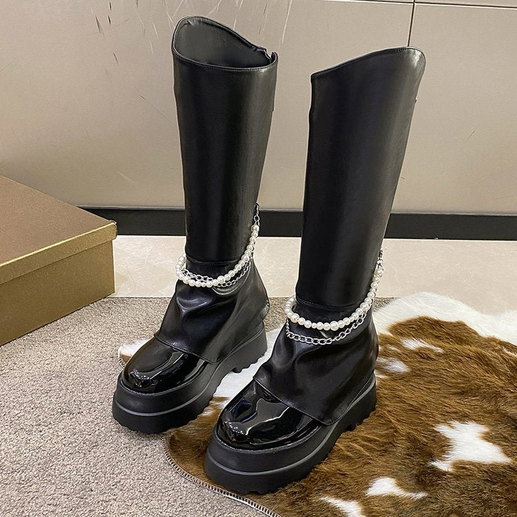 High 10cm Inner Heightening Pant Leg Boots Pearl Chain But Knee Knight Boots