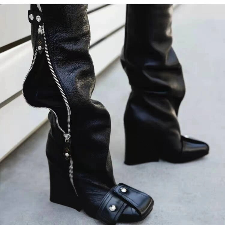 Super High Heel Square Head One Step Fashion Runway Large Size Knee-high Boots