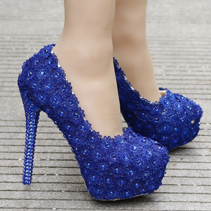 Zapatos de boda de encaje Zapatos de encaje azul con diamantes de imitación