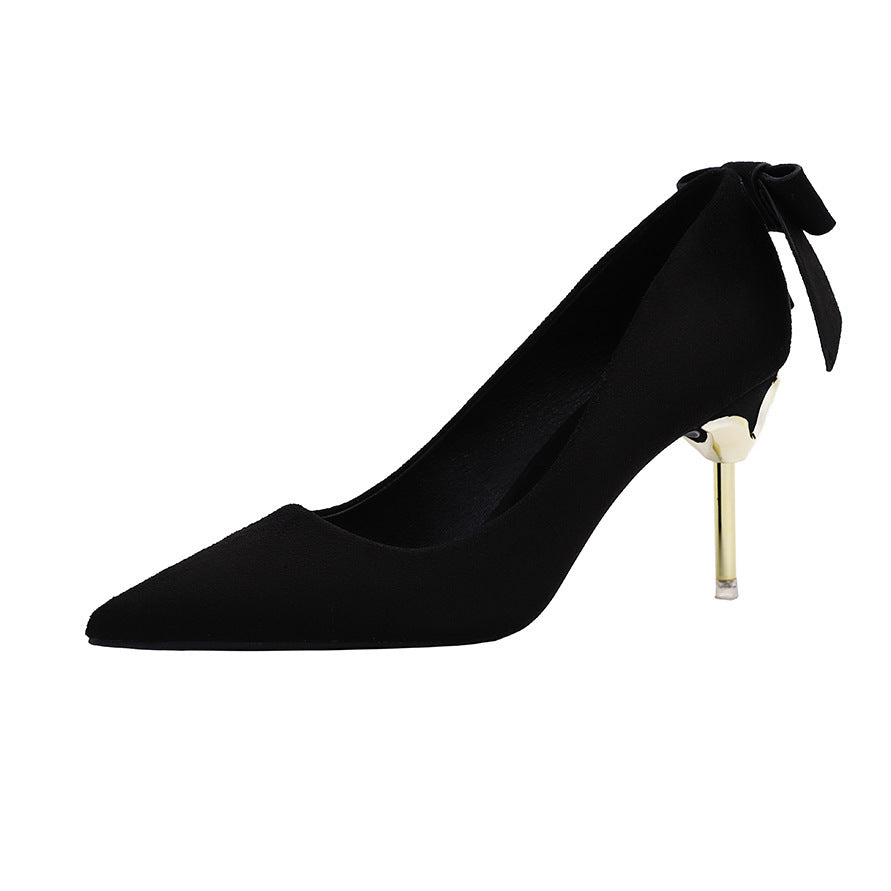 Korean Fashion Suede Pointed Bow Shallow Mouth Fine With Sexy High-heeled Shoes