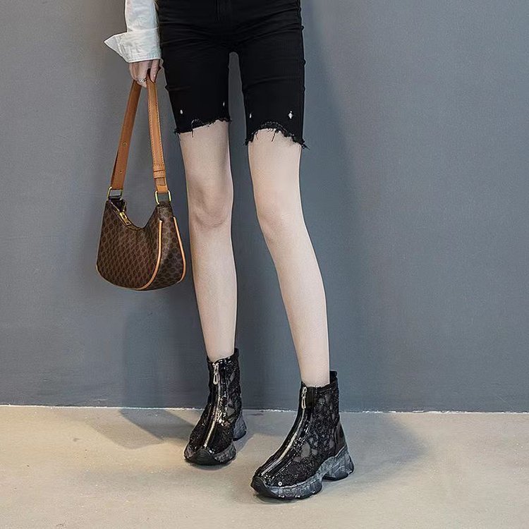 Thin Rhinestone Front Zipper Martin Boots Female Mesh Yarn