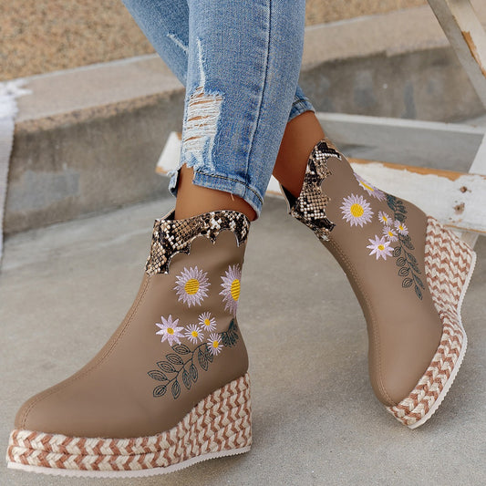 Autumn And Winter Thick Bottom Wedge Embroidered Retro Leisure Boots