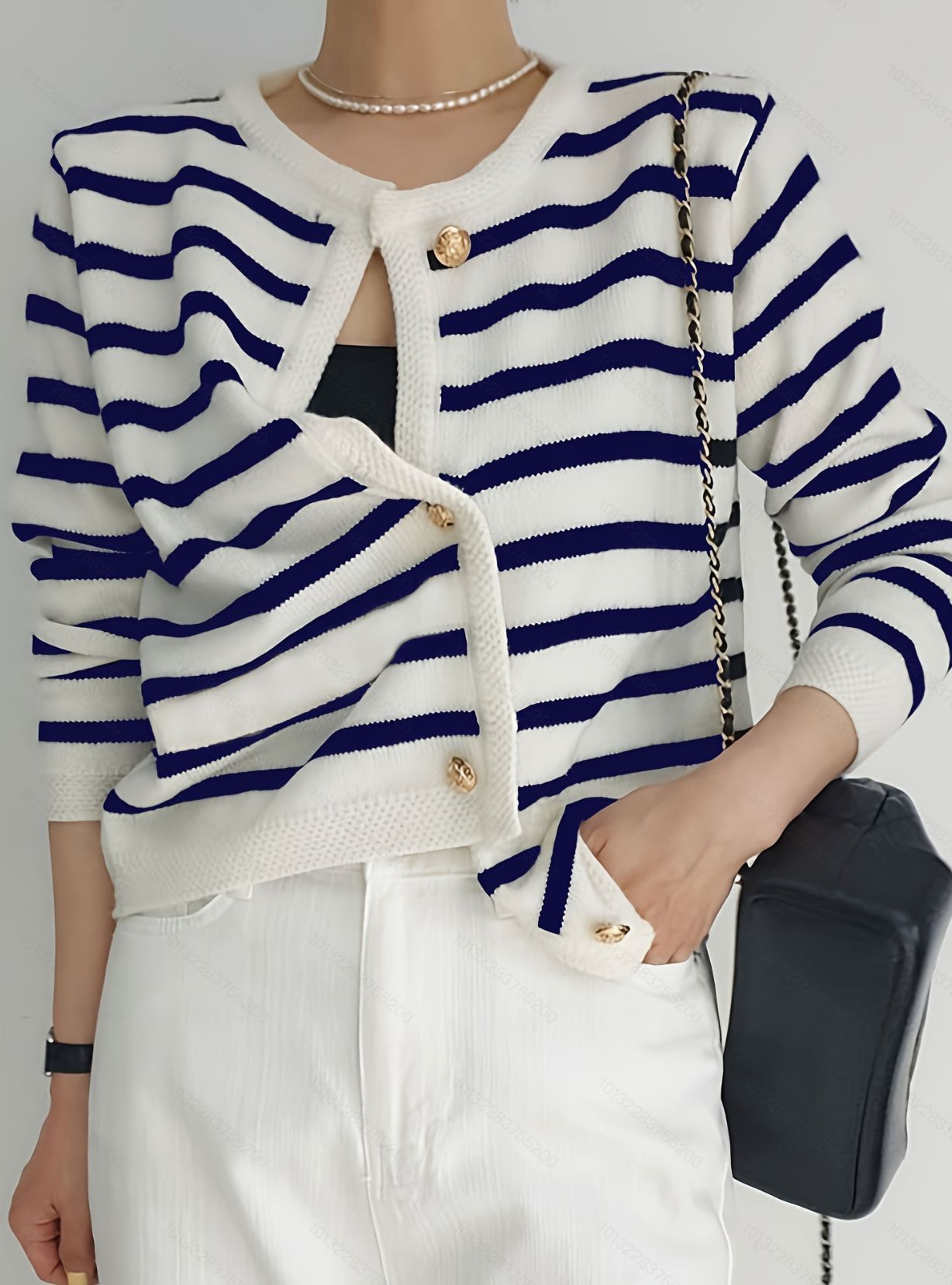 Black And White Striped Knitted Cardigan Jacket