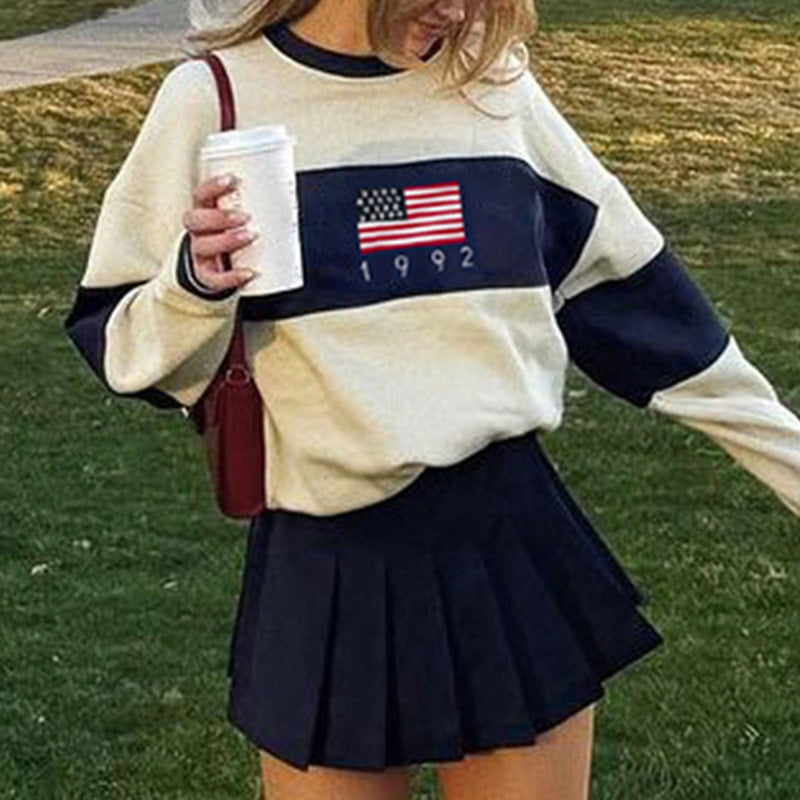 Blusa de lana de manga larga y cuello redondo estilo preppy americano