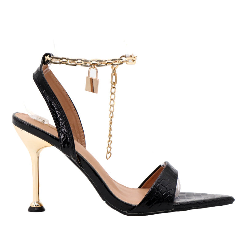 Fashionable Gold Chain Buckle Slim High Heel Sandals