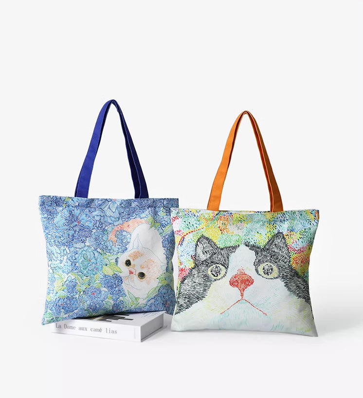 Bolso de hombro con ilustración de gato, bolso de lona de gran capacidad