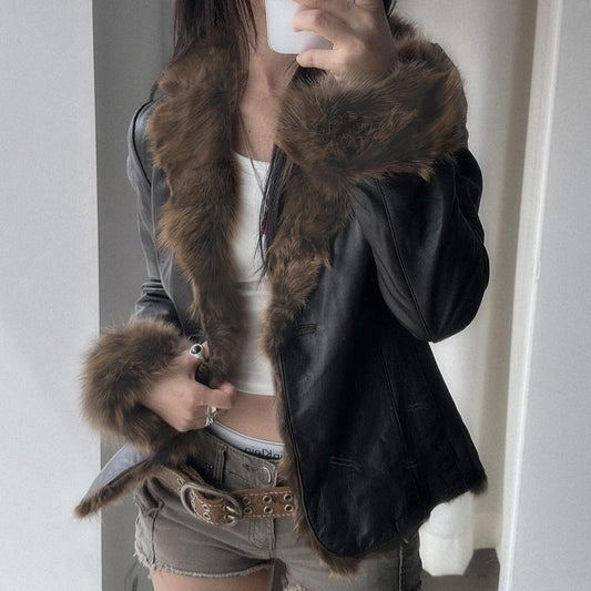 American Street Loose Fur Collar Leather Coat