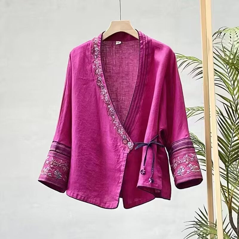 Plus Size Cotton And Linen Women's Embroidery Blouse Art