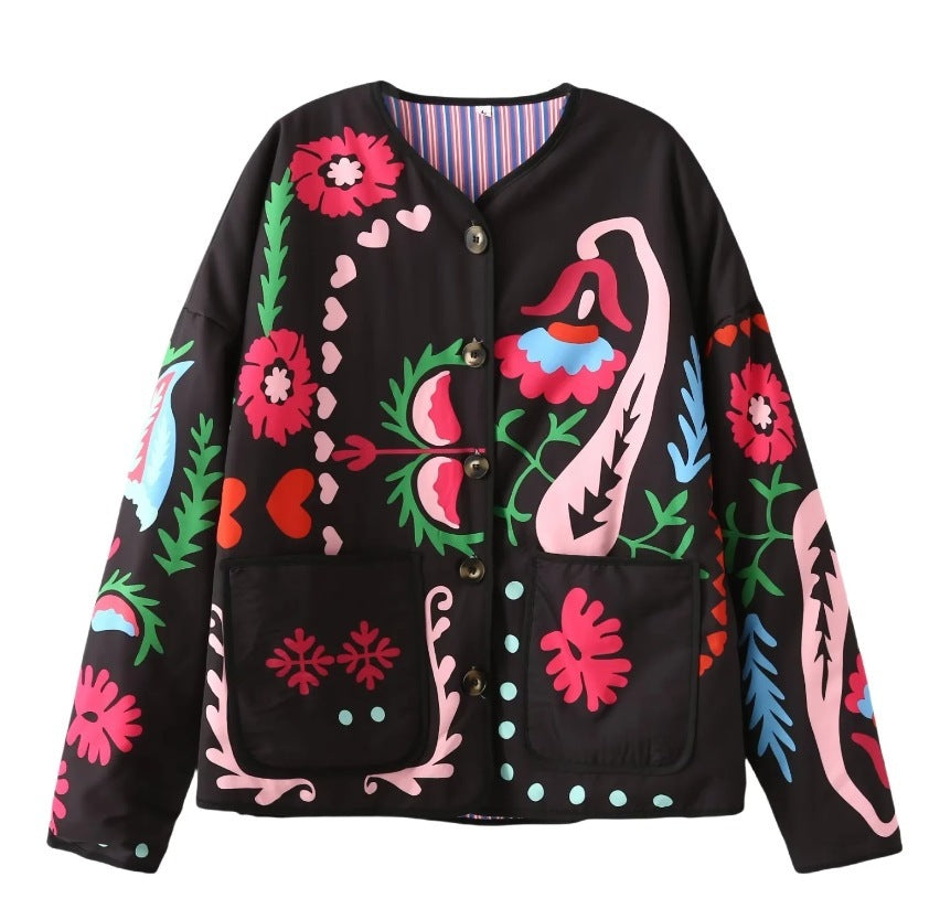 Printed Pocket Cotton Jacket Women