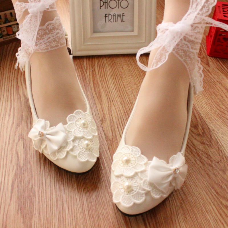 White Bow Ribbon Bridesmaid Wedding Dress Shoes