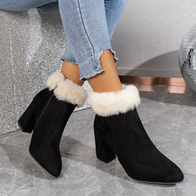 New Plaid Print Plush Ankle Boots Winter Fashoin Square Heel Suede Boots Women Casual Versatile Shoes Autumn And Winter