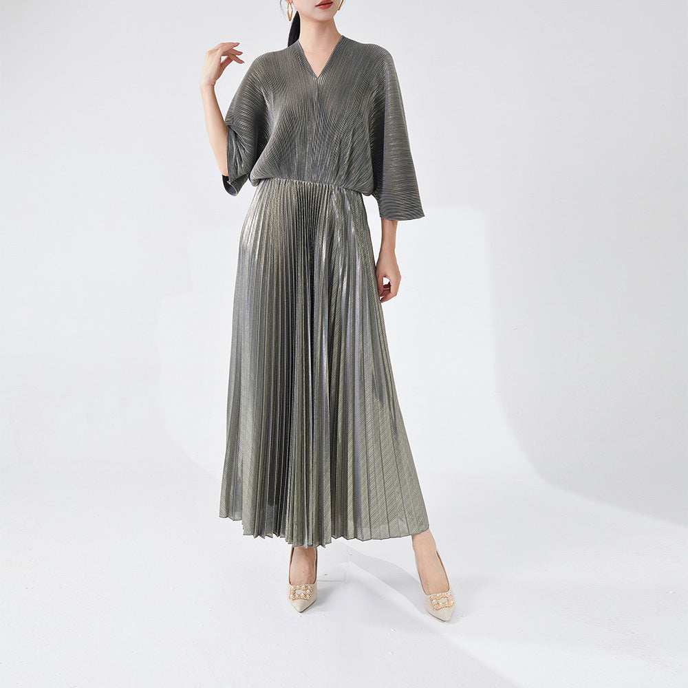 Robe à col en V pour femme - Robe tendance plissée en bronzage