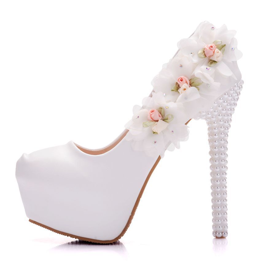 Large Size Waterproof Platform High Heel Round Toe Pearl Shoes