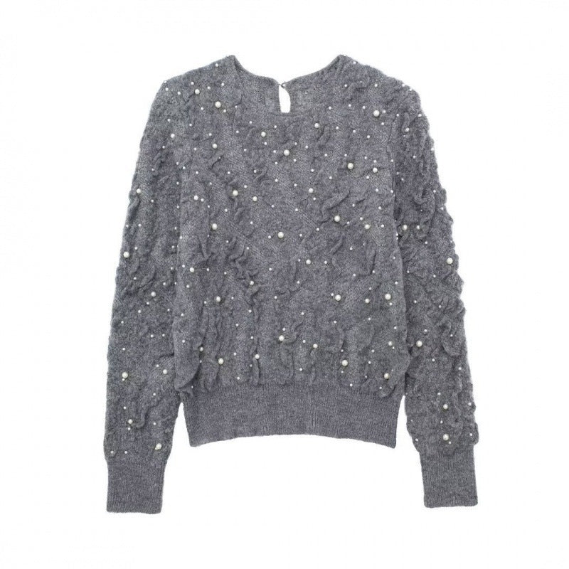 Pullover Round Neck Long Sleeves Artificial Decorated Pearls Texture Knitted Top