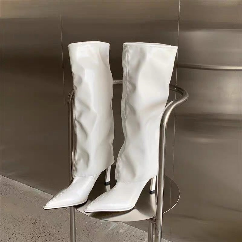 Patent Leather Pointed Toe Pantyhose Boots Stiletto High