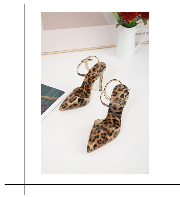 Zapatos de tacón alto puntiagudos con estampado de leopardo para mujer, de talla grande europea y americana, con boca poco profunda