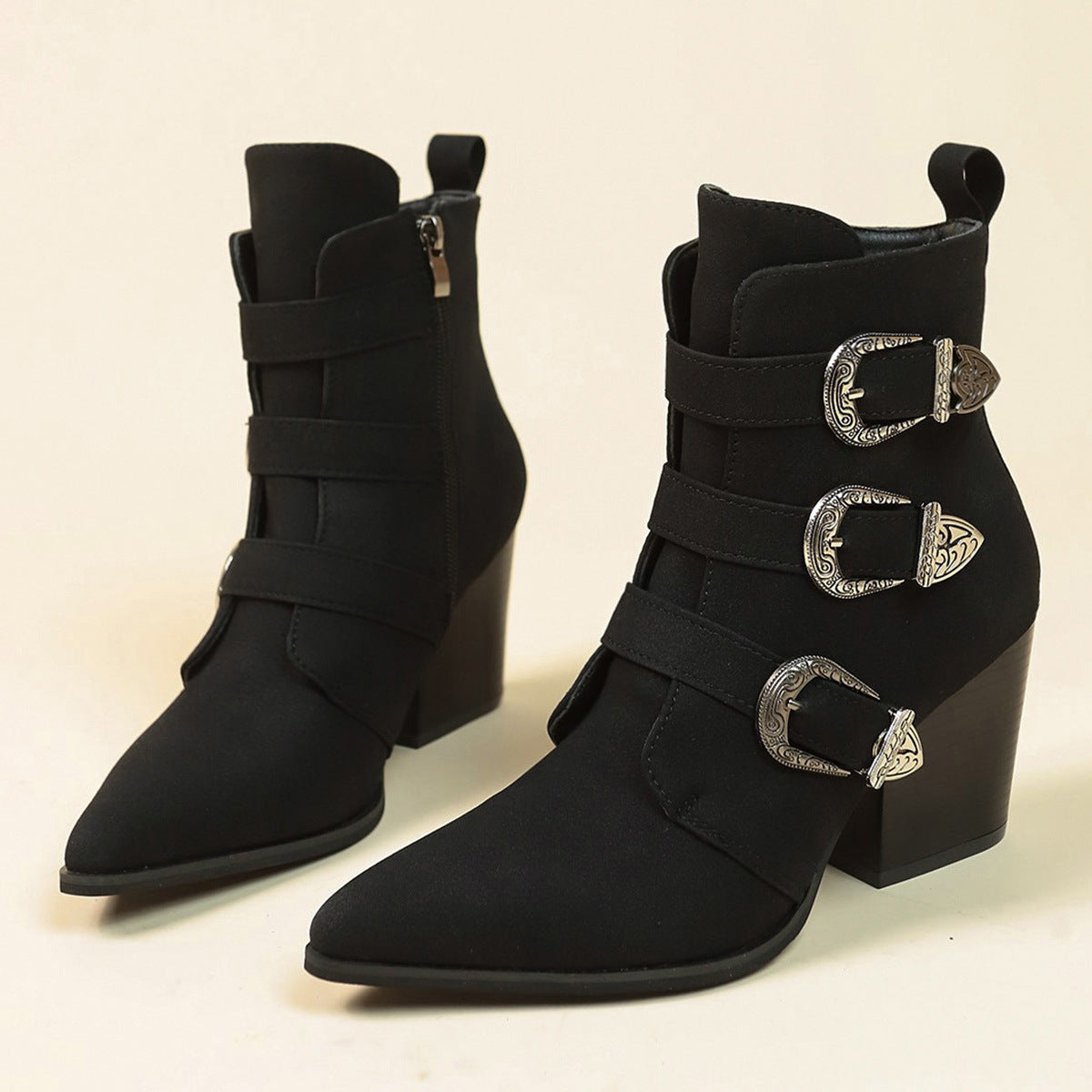 Botas de tacón grueso con punta puntiaguda y hebilla de cinturón, diseño retro, botas de media pantorrilla, zapatos de moda para otoño e invierno para mujer