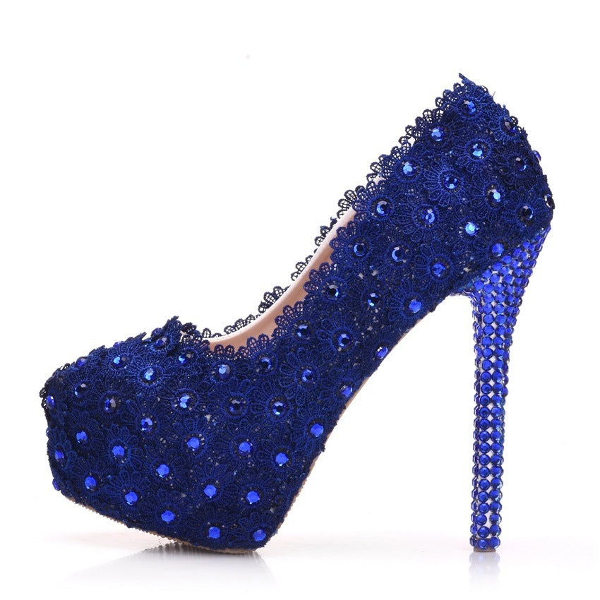 Zapatos de boda de encaje Zapatos de encaje azul con diamantes de imitación