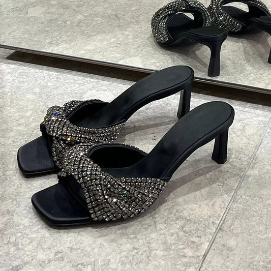 Sandalias de tacón de aguja con punta abierta y lazo de diamantes de imitación, sandalias de estilo romano sexis a la moda que combinan con todo