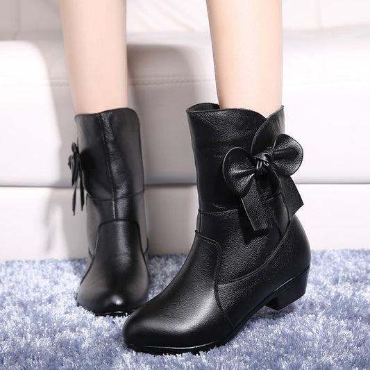 Boots Leather Non-slip Female Bow Large