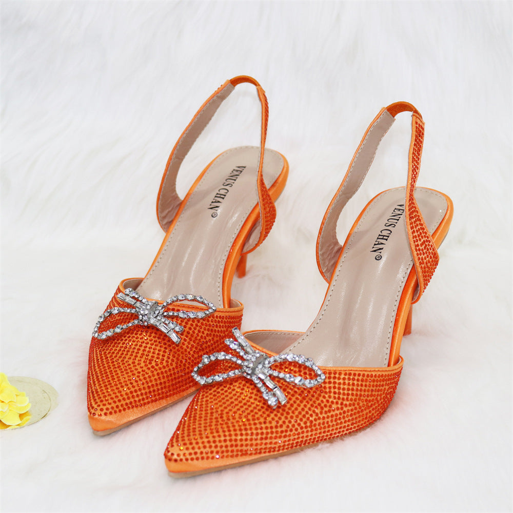 Ladies Bow Silver Buckle Design Pointed High Heels And Bags