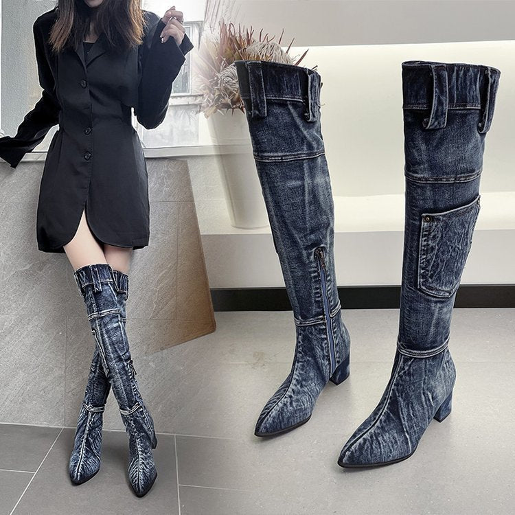 New Pointed Mid Heel Denim Over Knee Boots