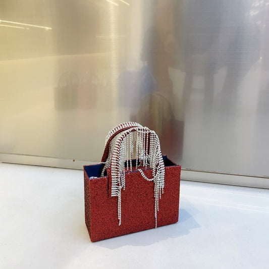 Bolso cuadrado pequeño con cadena de borlas y diamantes de imitación rojos de National Network, bolso portátil de moda