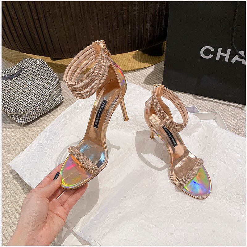 Internet Celebrity Fairy Style Ankle-strap High Heel Stiletto Rhinestone Fashion All-match French Girl Breathable Shoes