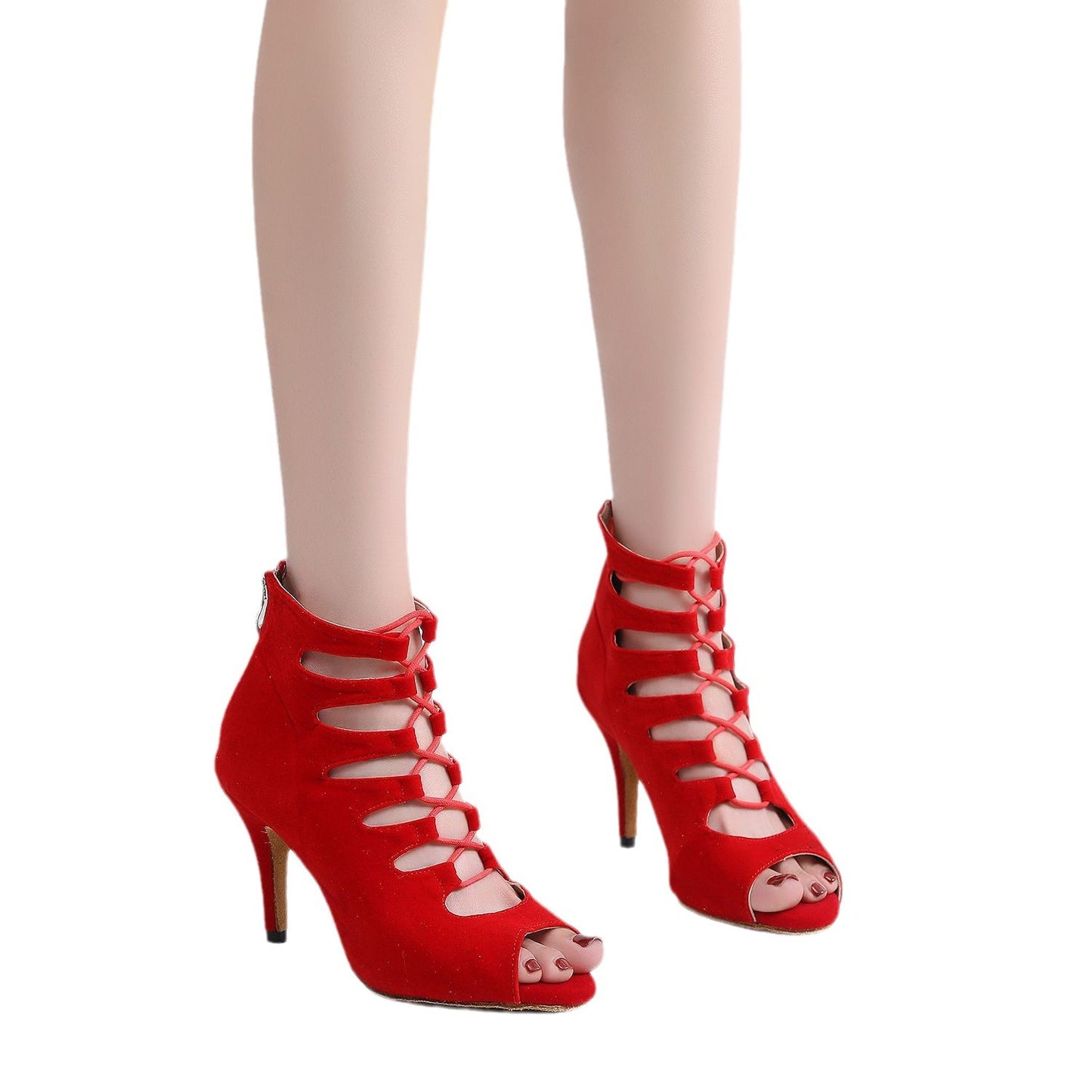 Tacones altos con punta abierta cortos y suela suave de color rojo para mujer