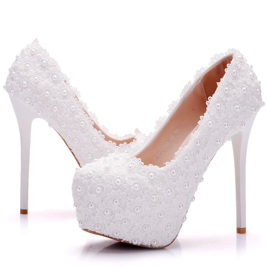 Large Size Waterproof Platform High Heel Round Toe Pearl Shoes