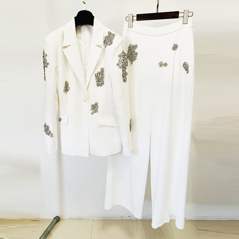 New Diamond-embedded One Button Suit Coat Wide-leg Pants Suit Two Pieces