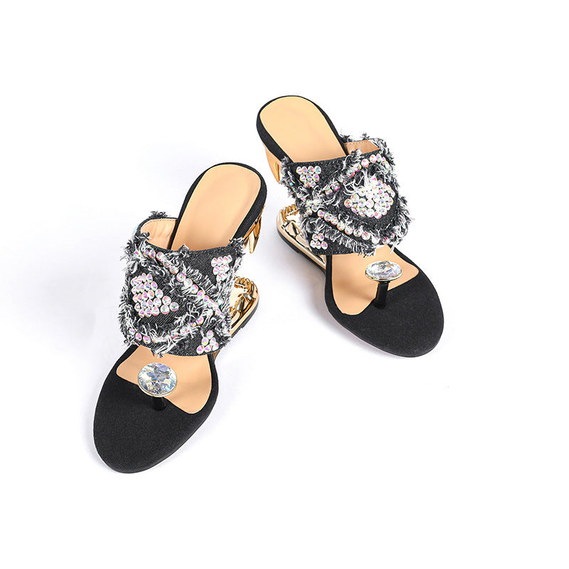 Rhinestone Round Toe Clip Toe Slip-on Metal Teeth Profiled Heel Women's High Heel Plus Size Shoes