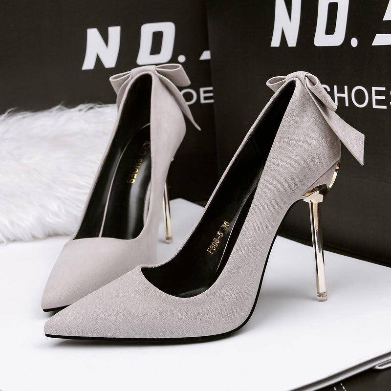 Korean Fashion Suede Pointed Bow Shallow Mouth Fine With Sexy High-heeled Shoes