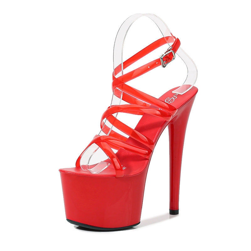 Summer 15cm 17cm 20cm Transparent PVC Strap Sandals Women High Heels Platform Shoes Woman Cross Strap Sandals Big Size 43