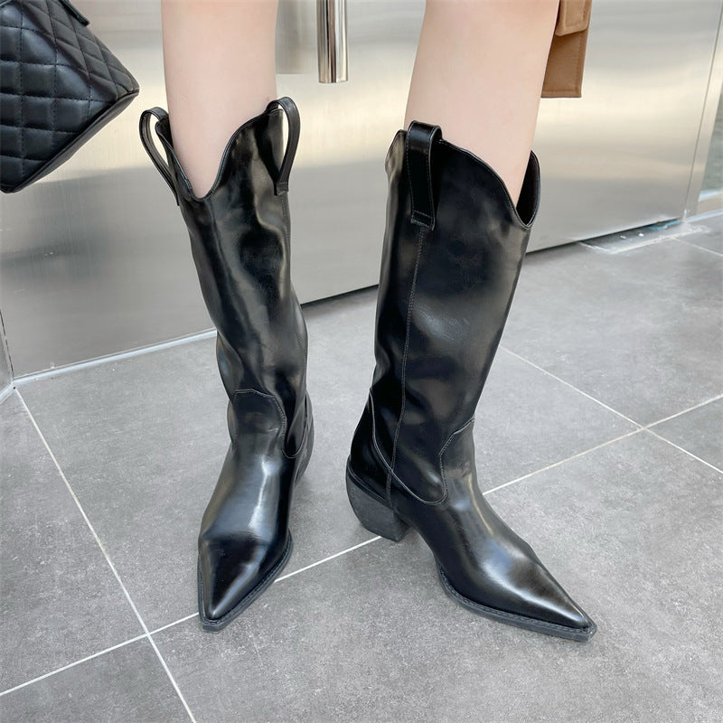 Western Cowboy Boots With Pointed Toe And Thick Heel